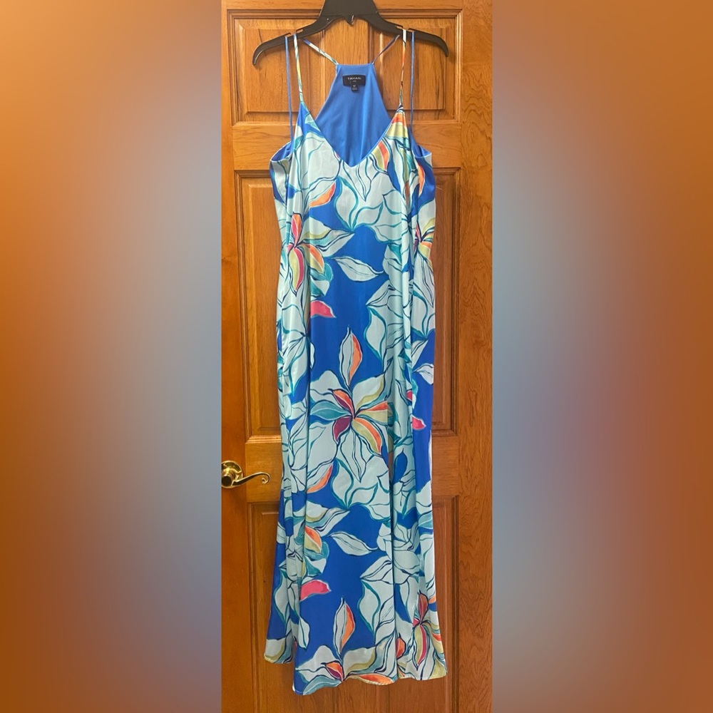Tahari ASL womens satin blue floral vacation dress Sz M